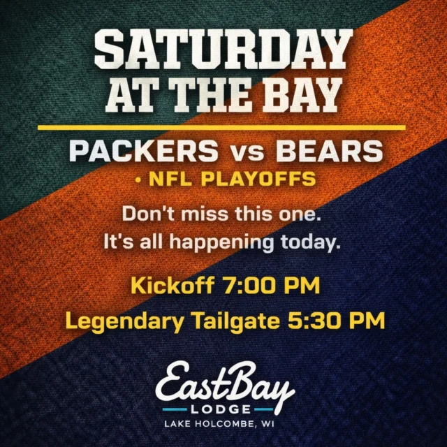 It’s here.

Packers vs Bears.
NFL Playoffs.
Saturday at the Bay.

The Legendary Tailgate fires up at 5:30 PM, the ball kicks at 7:00 PM, and the lake is about to get loud.

Game day specials.
Boards.
Raffles.
Prizes.
Free drinkers hats.
And swag that doesn’t suck.

This is the kind of night you remember because you showed up — shoulder to shoulder, drinks in hand, watching playoff football in the best seats on the lake.

Don’t watch this one from the couch.
Watch it at the Bay.

📍 EastBay Lodge | Lake Holcombe, WI
⏰ Tailgate 5:30 PM | Kickoff 7:00 PM
