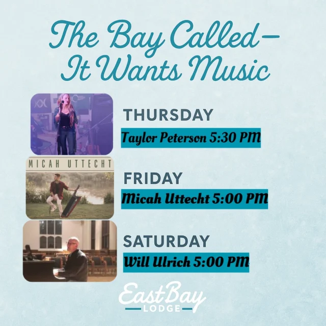 🎶 This week at the Bay, the music matters. 🎶

We believe live music does more than fill a room.
It sets the pace. Shapes the mood.
And gives a place its soul.

That’s why we bring it in the way it was meant to be experienced — alongside good food, good drinks, and nights that aren’t rushed.

Thursday | Locals Night #54745
🎤 Taylor Peterson LIVE | 🕠 5:30 PM
Locals night food & drink specials, familiar faces, and the kind of energy that reminds you why Thursday nights matter.

Friday | Supper Club Series
🎹 Micah Uttecht | 🕔 5–9 PM
Classic Friday Fish Fry, piano keys, craft cocktails, and a supper club night that feels comfortably nostalgic.

Saturday | Supper Club Series
🎹 Will Ulrich | 🕔 5–9 PM
Prime Rib Saturday, elevated lakeside dining, timeless cocktails, and music that lets the night linger a little longer.

Full supper club menu.
Sports bar vibes next door.
Walk-ins always welcome — reservations encouraged if you want to sit right down (and patience is always rewarded).

👉 https://www.eastbayholcombe.com/reservations/

Three nights.
Three artists.
One place that believes music, food, and atmosphere belong together.

Welcome to the Bay.