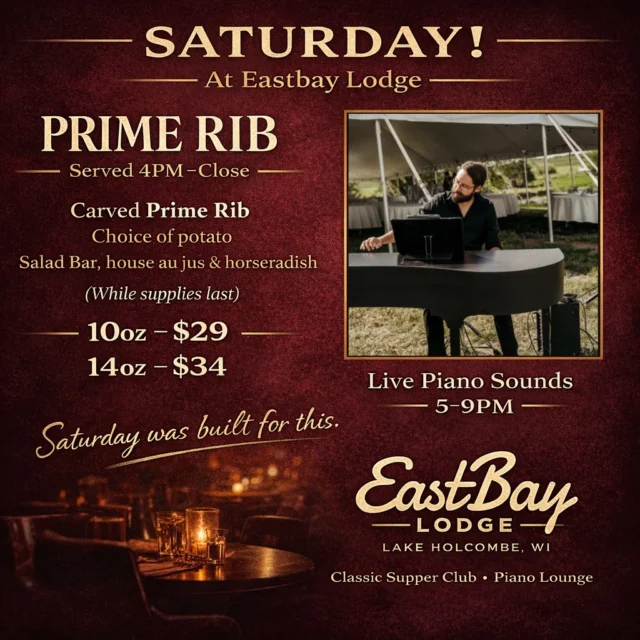 Saturday was built for this. 🥩🎹

Prime rib. Candlelight. Piano keys floating through the supper club.

🍽️ PRIME RIB SATURDAY
Carved prime rib served 4PM–Close
Choice of potato, salad bar, house au jus & horseradish
(While supplies last)
10oz – $29 | 14oz – $34

🎶 Piano Lounge in the Supper Club
Cole Thomas | Live 5–9PM

Craft cocktails at the bar. Red wine in the glass.
The kind of Saturday that doesn’t rush you out the door.

Reservations are strongly encouraged — prime rib goes fast.
👉 Reserve your table:
https://www.eastbayholcombe.com/reservations/

This is classic supper club energy.
See you at the Bay. 🍷🥃