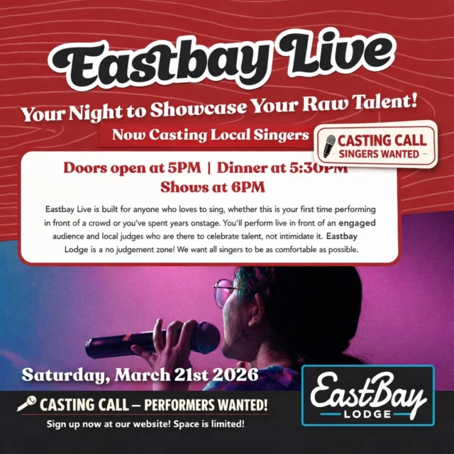 🎤 CASTING CALL: EASTBAY LIVE 🎤

Lake Holcombe’s newest live vocal showdown is officially looking for singers.

This spring, Eastbay Live takes over Eastbay Lodge for one high-energy night where karaoke confidence meets talent-show thrills — and the whole community gets a front-row seat.

Think America’s Got Talent vibes with a Northwoods soul.

We’re inviting local voices ages 13+ to step on stage, grab the mic, and bring it. Whether you’re a brave first-timer, a seasoned performer, or someone who’s been waiting for the right moment… this is it.

🎶 THREE AGE DIVISIONS

Next Wave | Ages 13–17
Center Stage | Ages 18–50
Northwoods Legends | Ages 50+

Each division will be judged by a panel that includes local musicians, community voices, and familiar faces, alongside audience participation — because talent matters, but connection does too.

Each division crowns a winner, and one overall champion will be named Legend of the Bay, taking home $500 and the opportunity to perform alongside regional duo Madlee in summer 2026.

This is a live, judged competition with real stakes, real feedback, and a room built to cheer you on.

👉 Contestant registration is now open:
https://www.eastbayholcombe.com/eastbay-live/

🎟 Not singing? You’ll want a seat.
Eastbay Live is a full night out on the lake — buffet dinner, cash bar, and live vocal performances that turn familiar songs into unforgettable moments.

👉 Event details & reservations:
https://www.eastbayholcombe.com/eastbay-live/

One night.
One mic.
One title everyone wants.

Think you’ve got it? Or know someone who does?
Tag them and send them here 👉
https://www.eastbayholcombe.com/eastbay-live/