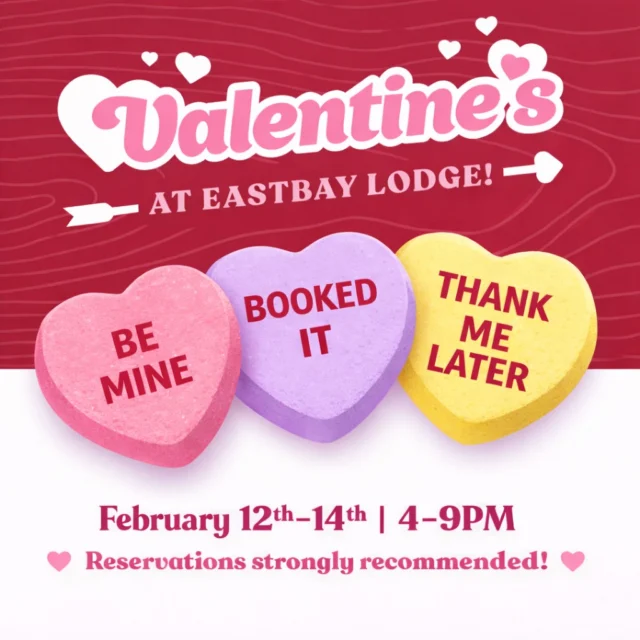 Valentine’s at Eastbay Lodge ❤️
Because forgetting this date is a bold move.
And not the good kind.

This isn’t a one-night scramble.
It’s three nights built to slow things down, light some candles, and save the other half from reminding you for the rest of the year that you “almost nailed Valentine’s.”

February 12–14, we’re turning the lodge into a proper supper club Valentine’s—
romantic tables, live music on select nights, and a featured menu designed for lingering, not rushing.

And yes… if you don’t make plans?
We can’t help you with that conversation later.

✨ HOW IT WORKS
You’ve got options—because flexibility is attractive.

✔️ Our full Supper Club and Sports Bar menus are available all three nights.
OR…
✔️ Let us do the pairing for you (highly recommended if decision-making under pressure isn’t your thing).

💞 THE VALENTINE’S FEATURED MENU
Made for sharing. Made for points.
Select ANY TWO featured entrées for $80
—or $45 per person—

✨ WHAT’S INCLUDED
• Soup, salad bar & popovers
• Choice of TWO featured entrées
• Seasonal vegetable
• Choice of twice baked potato OR wild mushroom risotto
• ONE dessert to share (because sharing is romantic)

🍽️ FEATURED ENTRÉES
• Broiled North Atlantic Lobster Tail (6oz)
• Cabernet Filet (8oz) with wild mushroom red wine reduction
• Tuscan Shrimp in white wine cream with tomato, garlic & spinach
• Black & Bleu New York Strip
• Crab Stuffed Chicken Roulade with blush sauce

🍰 DESSERTS TO SHARE
• Eastbay Brûlée
• Seasonal Brûlée
• Chocolate-dipped strawberries with maple raspberry whipped cream

🎶 THE SOUNDTRACK
Friday, Feb 13 — Anna & Nick (acoustic)
Saturday, Feb 14 — Micah Uttecht (live piano)

💌 REAL TALK
Valentine’s weekend fills fast—especially supper club tables.
Waiting until the last minute is risky… and not in a charming way.

📍 February 12–14 • 4–9 PM
📍 Eastbay Lodge — Lake Holcombe, WI

🔒 Reserve your table now:
👉 https://www.eastbayholcombe.com/reservations/

Walk-ins welcome when possible.
But peace at home?
That usually requires a reservation. 💘