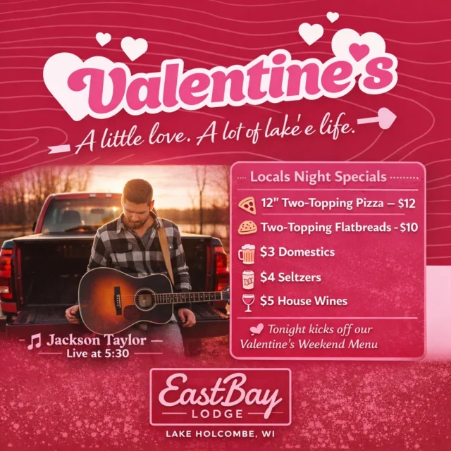 Locals Night hits a little different this week ❤️

Thursday at the bay brings lakeside love, cold drinks, hot pizza, and live music that actually sets the mood.

🎶 Jackson Taylor live at 5:30
🍕 $12 two-topping 12” pizzas
🫓 $10 two-topping flatbreads
🍺 $3 domestics | 🫧 $4 seltzers | 🍷 $5 house wines

Thursday also kicks off our Valentine’s Weekend menu, so whether it’s date night, locals night, or “we needed an excuse to get out” night… this is your sign.

Locals #54745
Lake views included. Love optional. Good vibes guaranteed.