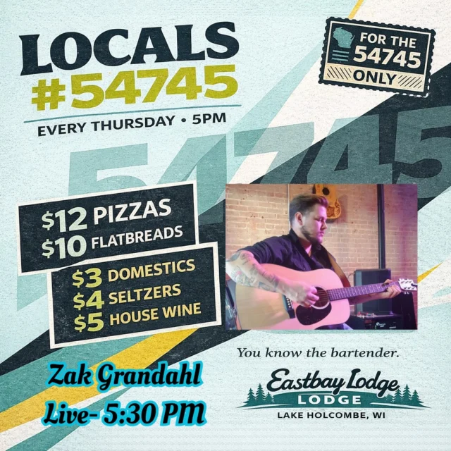 🔥 LOCALS #54745 🔥

(Yes. Again. Because it works.)

Thursday.

Supper Club opens at 4PM.
Black tablecloths. Real cocktails. No paper napkins in sight.

Then at 5PM the 54745 clock punches in.

🍕 $12 – 16” Two-Topping Pizzas
🔥 $10 – Two-Topping Flatbreads
🍺 $3 Domestics
🥂 $4 Seltzers
🍷 $5 House Wine

At 5:30PM — live music kicks up.

You can sit in the Supper Club and act refined.
Or you can migrate toward the noise like the rest of us.

We don’t judge.
We just refill.

If you live here, you’re expected.
If you said you were “laying low this week”… we know you’re coming anyway.

Locals #54745.
Small town. Big Thursday.
Let’s misbehave responsibly.

Eastbay Lodge
Lake Holcombe, WI