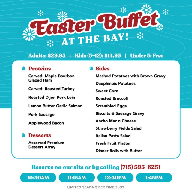 🐰🌷 Easter at Eastbay Lodge is Officially LIVE 🌷🐰

Reservations are now open — and yes… this one will fill up.

We’re bringing the full spread. The carved meats. The comfort classics. The desserts you pretend you’re “just sampling.”

And the Easter Bunny? He’s clocking in.

🐣 Easter Buffet – $29.95 Adults

Kids (5–12): $14.95
Under 5: Free

Reservations ONLY
Choose your seating time:
10:30 AM | 11:15 AM | 12:30 PM | 1:45 PM

👉 Reserve here:
https://www.eastbayholcombe.com/reservations/

🍽️ The Spread (Brace Yourself)

Carved: Maple Bourbon Glazed Ham
Carved: Roasted Turkey
Roasted Dijon Pork Loin
Lemon Butter Garlic Salmon
Pork Sausage
Applewood Bacon

Mashed Potatoes with Brown Gravy
Dauphinois Potatoes
Sweet Corn
Roasted Broccoli
Scrambled Eggs
Biscuits & Sausage Gravy
Ancho Mac n Cheese
Strawberry Fields Salad
Italian Pasta Salad
Fresh Fruit Platter
Dinner Rolls with Butter

Desserts:
Assorted Premium Dessert Array (translation: save room)

🐰 Easter Activities

11:00 AM – Easter Egg Hunt with the Easter Bunny
12:00–2:00 PM – Photo Opportunities with the Easter Bunny

Bring the kids. Bring grandma. Bring your appetite.

This isn’t microwave ham and folding tables.
This is Eastbay Easter.

See you at the Bay. 🌊✨