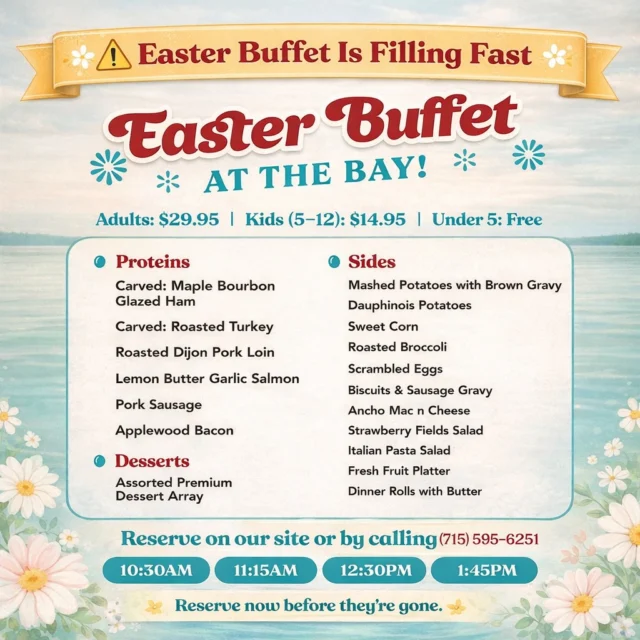 🐣 Easter at the Bay is coming… and if history repeats itself, it’s going to fill up.

Every year a few people wait until the last minute and send the classic:
"Hey… any chance you can squeeze us in?"

Sometimes we can.
Sometimes we can’t.

So consider this your friendly early warning from the Bay.

Bring the family and join us for our Easter Buffet:

🥂 Adults: $29.95
👧 Kids (5–12): $14.95
🐥 Under 5: Free

Carving stations, a full spread of sides, desserts, and plenty of reasons to loosen the belt a notch.

🐰 Family Fun
11:00 AM – Easter Egg Hunt with the Easter Bunny
12:00–2:00 PM – Photos with the Easter Bunny

Great food.
Kids running around with candy.
Parents pretending they’re just there for the kids.

👉 Reserve your table before the rush:
https://www.eastbayholcombe.com/easter/

Because the Easter Bunny is many things… but he’s not great at holding last-minute reservations. 😄