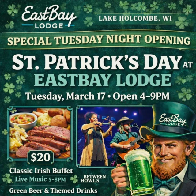 🍀 We’re Open Tonight – St. Patrick’s Day at Eastbay Lodge! 🍀

The leprechaun insisted… so the lodge is opening its doors for a special Tuesday night celebration.

Tonight we’re bringing a little Irish spirit to Lake Holcombe with great food, great music, and a few drinks that might make the night last longer than planned.

🎶 Live Music – Between Howls | 5–8PM

Featuring Ren Cooper Howl on vocals & violin and Nick Muska Howl on guitar and vocals, Between Howls blends folk, rock, and blues into a live show that’s loose, interactive, and built around the room.

Expect reimagined favorites, original songs, and the kind of performance that makes a Tuesday night feel like the weekend.

🍽 St. Patrick’s Day Feature

Corned Beef & Cabbage Plate — $14
Corned beef, cabbage, carrots & red potatoes.

🍹 Irish Cocktail Features

Irish Margarita — $10
Jameson Orange, tequila, simple syrup & fresh lime 🍊🍋🍀

Leprechaun Lemonade — $8
Jameson, lemon juice & ginger ale 🍋✨🍀

Irish Mule — $10
Irish whiskey, cranberry, pomegranate & ginger beer 🍀🥃

Irish Mocha-tini — $11
Baileys Irish Cream, coffee & vanilla ☕🍀

⏰ Open Tonight: 4–9PM
🎶 Live Music: 5–8PM

Reservations recommended:
https://www.eastbayholcombe.com/reservations/

🍀 A little Irish luck… and a good excuse to come out on a Tuesday.