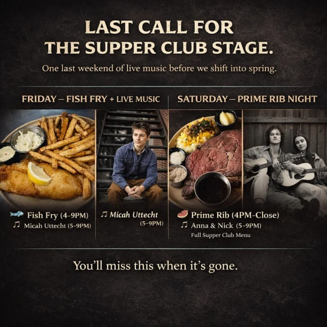 The ice is breaking…
the days are warming up…
and the lake is waking up.

So are we.

We open the doors Thursday at 4PM—and this isn’t just another weekend.

This is your last chance to catch live music in the supper club (for now) before we shift fully into spring mode.

And we’re going out the right way:

🍕 Thursday — Locals Night #54745
MADLEE takes over the lounge (5:30–9PM)
Pizza + drink specials that make staying easy

🐟 Friday — Fish Fry + Live Music
Micah Uttecht (5–9PM)

🥩 Saturday — Prime Rib Night + Live Music
Anna & Nick (5–9PM) — closing out this chapter

🍹 Sunday — Reset Day
Slow down. One more drink. Stay a little longer.

Now let’s be clear…
we’re not slowing down.

The music rolls on.
We’re just turning the dial all the way into summer.

And Memorial Day weekend?

We’re coming for it. Hard.

🕒 HOURS THIS WEEK

Thursday
4PM–Close — Lodge Open
Supper Club + Craft Bar: 4–9PM

Friday
11AM–Close — Sports Bar Open
Sports Bar Menu: 11AM–10PM
Supper Club + Craft Bar + Fish Fry: 4–9PM

Saturday
11AM–Close — Sports Bar Open
Sports Bar Menu: 11AM–10PM
Supper Club + Craft Bar + Prime Rib: 4PM–Close

Sunday
11AM–Close — Sports Bar Open
Sports Bar Menu: Starting at 11AM
Supper Club Menu: Starting at 4PM

👉 If you’ve been meaning to get in one more supper club night… this is your shot.

🎟️ Make your reservation now:
https://www.eastbayholcombe.com/reservations/

Spring starts at Eastbay.
…and we’re about to blow the top off it.

#EastbayLodge #LakeHolcombe #54745 #FishFryFriday #PrimeRibNight #LiveMusicSeason #NorthwoodsNights