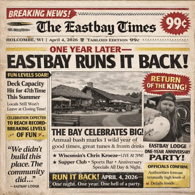 🚨 LOCAL AUTHORITIES ISSUE WARNING 🚨

Eastbay Lodge is turning one year old…
and conditions are expected to get out of hand.

Reports include:

dangerously full drinks
excessive live music
repeat offenders dancing on the deck

🎉 April 4, 2026
🎸 Chris Kroeze LIVE at 7PM

Side effects may include:
staying way longer than planned.

👉 You’ve been warned. Run it back. https://www.facebook.com/share/1Ca4Gsahpn/