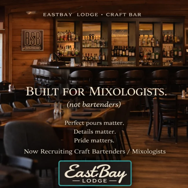 “Built for Mixologists”

Not everyone behind a bar is the same.

At Eastbay Lodge, we’re building something different—
a true craft cocktail bar where the details actually matter.

Perfect pours.
Consistency.
Pride in every drink that leaves your hands.

If that’s how you work… you’ll fit right in.
If it’s not—you’ll feel it right away.

Now recruiting craft bartenders / mixologists.

Apply here:
https://www.eastbayholcombe.com/jobs/
