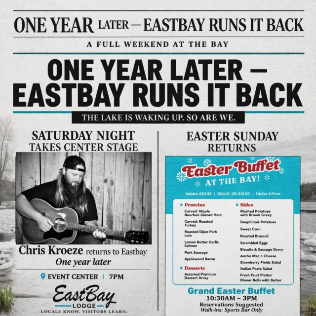 One year ago… we took a swing.
Didn’t know exactly what Eastbay would become.

You guys answered that question for us.
And this weekend?
We celebrate it. Properly.

🎉 SATURDAY — RUN IT BACK
One year later and we’re bringing it full circle.
Chris Kroeze live at 7PM in the event center.
Packed room. Cold drinks. Loud crowd.
Exactly how it should be.

🐰 SUNDAY — EASTER AT THE BAY
We clean it up (just a little).
Grand Easter Buffet | 10:30AM – 3PM

Carved meats. Full spread. Family table energy.

Reservations strongly suggested.
Walk-ins → sports bar only.

This isn’t just another weekend.
This is the weekend that defines what Eastbay is.

Two completely different vibes.
Same place. Same people. Same energy.

⚠️ FINAL CALL FOR RESERVATIONS ⚠️
Don’t be the group texting “any chance you’ve got a table?” Sunday morning…

👉 https://www.eastbayholcombe.com/reservations/

You showing up Saturday, Sunday… or proving you’re built for both?