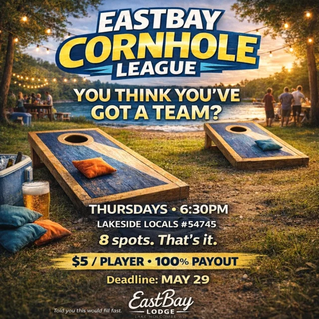 👉 Sign up now:
https://www.eastbayholcombe.com/cornhole/

Here we go… Year Two.

Last year?
👉 Completely full.

👉 Eastbay Summer Cornhole League kicks off Thursday, June 4th.
And make no mistake—this is Lakeside Locals #54745.
This is what Thursday nights at the Bay are built around.

The bags start flying…
and everything else follows.

Live music rolling.
Cold drinks flowing.
Food & drink specials dialed in.
Deck full. Energy up.

Thursday nights at the Bay—
the gateway to the weekend and one of the funnest vibes in the area all summer long.

🗓 Every Thursday starting June 4 | Bags fly at 6:30PM
📍 Eastbay Lodge – Lake Holcombe
(Bye weeks for Hoofbeat & Rock Fest)

💰 $5/player
🏆 100% payout
⚠️ Only 8 teams. That’s it.
📅 Deadline: May 29

If you’ve been there, you know what this turns into.

👉 Lock your team in now:
https://www.eastbayholcombe.com/cornhole/

Last year filled.
This one will too.
