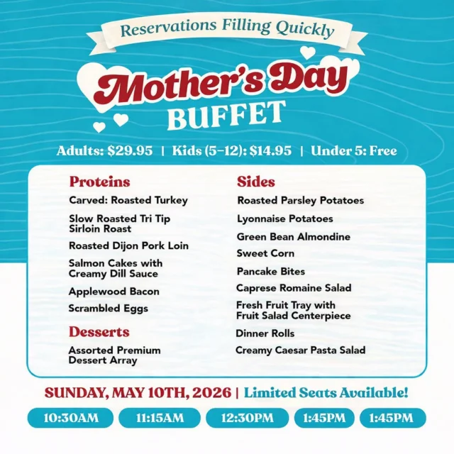 Mom doesn’t want to cook.

And she definitely doesn’t want another last-minute plan.

Mother’s Day at Eastbay is filling quickly. 💐

Full buffet.
Beautiful setting.
Time together done right.

👉 Reserve your table:
https://www.eastbayholcombe.com/mothers-day/