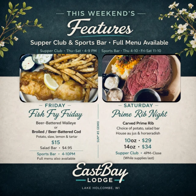 Fish Fry Friday.
Prime Rib Saturday.
No gimmicks. Just heavy hitters.

Crispy walleye that actually snaps.
Prime rib carved like it matters.

Salad bar’s loaded.
Full supper club menu in play.
Sports bar rolling 11AM–10PM.

You can come for lunch…
you can tell yourself it’s “just a drink”…
but we both know how this ends.

👉 A cocktail turns into two
👉 Dinner turns into staying awhile
👉 And suddenly you’re texting people to meet you at Eastbay

That’s the move.

Reserve your table before someone else does:
https://www.eastbayholcombe.com/reservations/

#54745