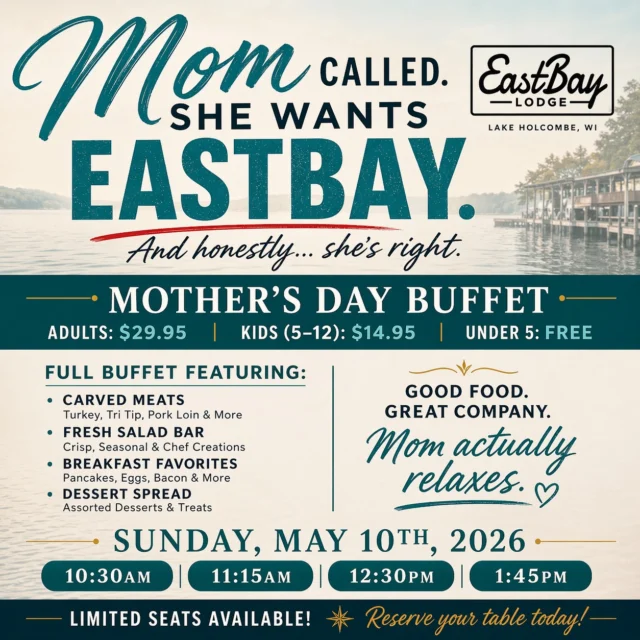 Mom called. She wants Eastbay.
And honestly… she’s right.

Seats are vanishing quickly — pay your respects, sit by the lake, and catch Kim & Paige (mother-daughter duo) after you indulge.

Reserve your table now 👉 https://www.eastbayholcombe.com/mothers-day/

Do it right for Mom.