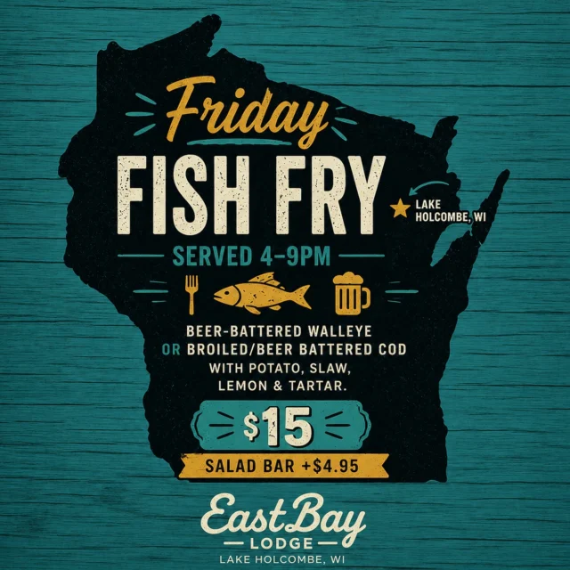 Wisconsin’s true religion… and we’re serving it right.

Friday Fish Fry at the Bay
4–9PM

Beer-battered walleye or broiled/beer-battered cod
with potato, slaw, lemon & tartar.

$15
Salad bar +$4.95

Reservations accepted:
https://www.eastbayholcombe.com/reservations/

Full supper club menu available.
Craft bar 4–9PM • Sports bar 11AM–10PM

No gimmicks. No shortcuts.
Just the way it’s supposed to be.