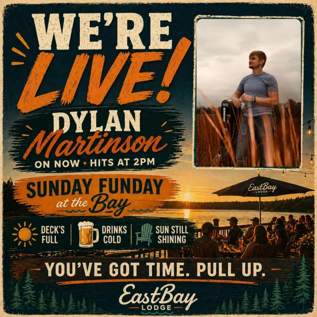 We’re live.

☀️ Sun’s out
🍻 Drinks are cold
🎸 Dylan hits at 2PM

Deck’s filling up… but you’ve still got time.

Pull up.

—

📍 Eastbay Lodge