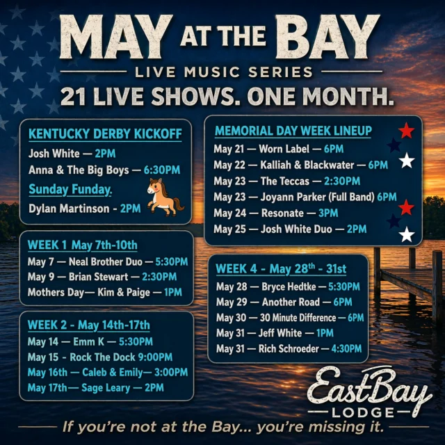 Here it is.
The first real look at summer at the Bay.

And we didn’t tiptoe into it…

We dropped 21 live shows in one month.

Let that sink in.

From your first cold drink in early May…
all the way through Memorial Day weekend—
we’re stacking this place with some of the best live music in the region.

This isn’t a couple bands sprinkled in…

👉 This is a full-on takeover.
👉 This is how summer starts at Eastbay.

From country and acoustic…
to blues, rock, and full deck energy…

Every week. Every weekend. Something worth showing up for.

And yeah—Memorial Day Weekend?
We didn’t hold back there either:

🎶 6 bands in 5 days
🎶 Starting Thursday night
🎶 Rolling all the way through the holiday Monday

But that’s just one piece of this.

21 shows. One month. No filler.

And we’re just getting warmed up…

120+ live music acts between now and Labor Day.
This is your first glimpse of what summer at Eastbay really looks like.

And we’re bringing everything with it:

⚓ Dock attendants on duty
🍹 Tiki bar opening up (weather permitting)
🌅 Outdoor stage + full deck energy
🍽️ Food, drinks, and weekends built to hang around for
🍸 Craft bar + full salad bar
🍳 Sunday Brunch returns
🕒 Open daily at 11AM (10AM Sundays)
🥩 Supper Club + Craft Bar at 4PM

Rain or shine—we roll.
Inside or outside—the show goes on.

If you’ve been waiting for the season to start…
this is your sign.

👉 Full lineup + all event details live here:
https://www.eastbayholcombe.com/events/

👉 Follow us. This is where everything drops first.

Alright Bay Nation… first impression—what do you think?
Is this the kind of summer you were hoping for?

Who’s on your must-see list?
Tag your crew. Make a plan. Let’s hear it. 🔥