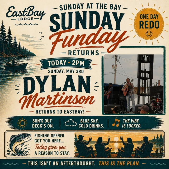 Sunday Funday returns, and it just lined up too well.

☀️ Warmest day of the week
🍻 Deck is ready
🎸 Dylan Martinson live at 2PM Sunday

And yeah… we’re calling it what it is:

A one-day redo.

Fishing opener got you here…
this is your reason to stay.

Make the plan now.
Sleep on it.
Then show up and do Sunday the right way.

—

📍 Eastbay Lodge – Lake Holcombe
Sunday • 2PM

—

This isn’t an afterthought.
This is the plan