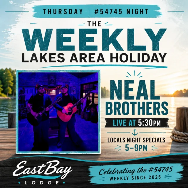 🎶 THURSDAY IS BACK. #54745.

The weekly lakes area holiday… and where the weekend starts to take shape.

Tonight we welcome the Neal Brothers—
👉 Eastbay Live 2026 competitors
👉 About as local as it gets

Live at 5:30PM

🍻 LOCALS NIGHT SPECIALS (5–9PM)

And of course… the staples:

🍕 16″ 2-topping pizzas – $12
(made right here… dough to sauce, not out of a box)

🫓 2-topping flatbreads – $10
🍺 Domestics – $3
🥤 Seltzers – $4
🍷 House wine – $5

No pressure. No reservations. No overthinking it.

Just show up.

Because this is where it starts.

👉 Full calendar always here:
https://www.eastbayholcombe.com/events/

See you on the dock. 🍻