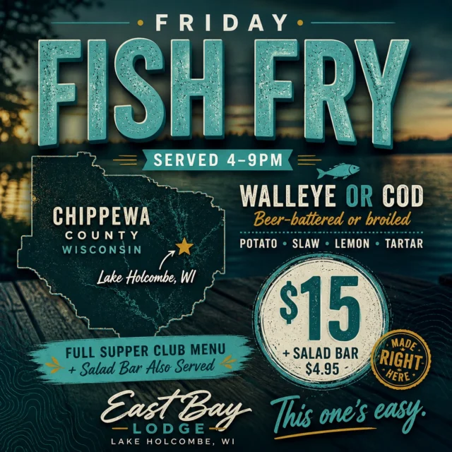 🍽️ FRIDAY FISH FRY — YOU KNOW THE DEAL

Walleye or Cod.
Beer-battered or broiled.
Potato, slaw, lemon & tartar.

$15

Salad Bar $4.95

👉 And yes…
full supper club menu + salad bar also served

The one people plan around.
The one that turns into
“we should probably make a reservation…”

🌞 Deck open (weather permitting)

🍻 Sports Bar opens at 11AM
• Menu served until 10PM

🥃 Craft Bar + Supper Club 4–9PM
• Full supper club menu available

👉 Reservations recommended:
https://www.eastbayholcombe.com/reservations/

Or roll the dice and walk in.

Either way…

This one’s easy.

See you on the dock. 🍻