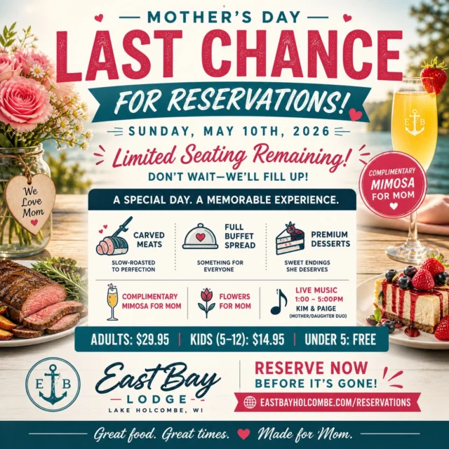🌸 MOTHER’S DAY AT EASTBAY

If you’ve been meaning to make a reservation… this is it.

We’re nearly full.

A full buffet.
Carved meats.
Premium sides.
Desserts worth saving room for.

🥂 Complimentary mimosa for Mom
🌸 Flowers for Mom
🎶 Live music with Kim & Paige (1–5PM)

This isn’t the kind of day you want to wing.

👉 Last chance to reserve your table:
https://www.eastbayholcombe.com/mothers-day/

After this… we move to walk-in only.

Let’s take care of Mom the right way. 💐
