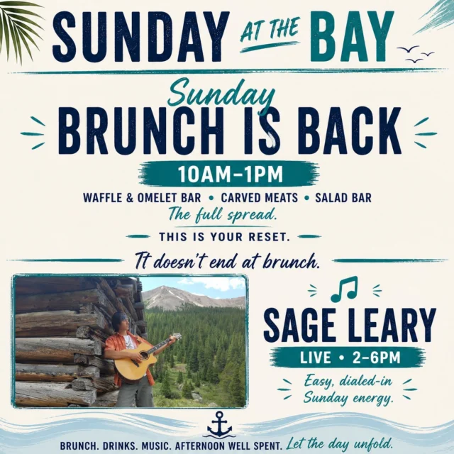 🍳 Sunday Brunch is Back at Eastbay

This is your reset.

No rushing.
No hard plans.
Just a table, a drink, and a day that unfolds the way it should.

🕙 Brunch • 10AM–1PM
Waffle & omelet bar
Carved meats • Salad bar • The full spread

$20.95
Under 12 – $10.95
Under 4 – Free

And it doesn’t stop there.

🎶 Sage Leary • Live 2–6PM
Easy, dialed-in, right where you want it.

This is that stretch of the day where:
👉 one drink turns into two
👉 brunch turns into the afternoon
👉 and nobody’s in a hurry

☀️ Deck if the weather shows up
🍻 Inside if it doesn’t

Either way… settle in.

Let the day unfold.