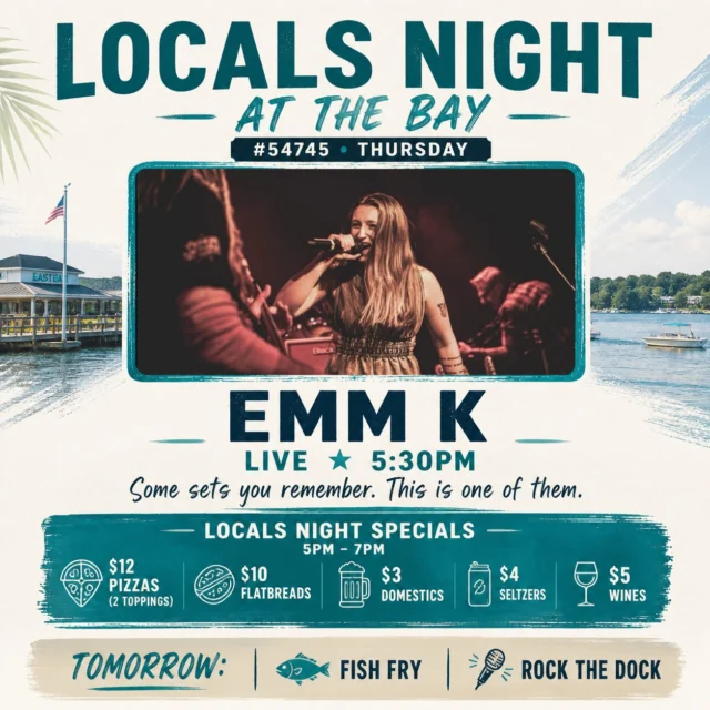 This is one of those weeks where it starts to come back.

A little more energy.
A few more people.
The kind of nights that don’t need much planning.

🎶 Lakeside Locals Night #54745 — Thursday
Emm K • Live at 5:30PM
There’s a reason she’s back.

🍻 Locals Night Specials (5–7PM)
$12 pizzas • $10 flatbreads
$3 domestics • $4 seltzers • $5 wines

☀️ Deck if the weather shows up
🍻 Inside if it doesn’t

Either way… you’re covered.

Pull up early. Stay a little later.

And when Thursday rolls into what’s next…

🐟 Fish Fry
🎤 Rock the Dock