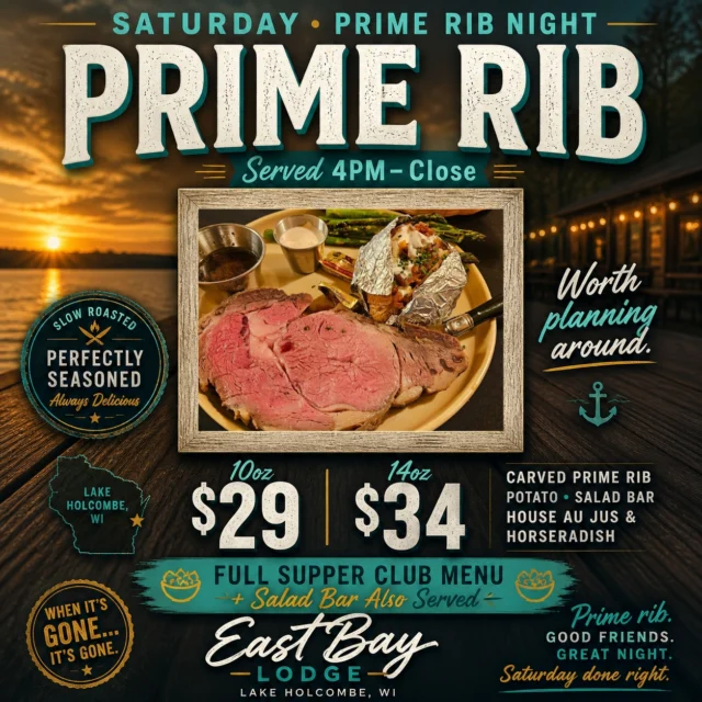 🥩 SATURDAY PRIME RIB — WORTH PLANNING AROUND

This isn’t an afterthought.

It’s the kind of dinner you actually make plans for.

Slow-roasted. Carved to order.
Served with potato, salad bar, house au jus & horseradish.

10oz — $29
14oz — $34

👉 And yes…
full supper club menu + salad bar also served

This one doesn’t stick around.

When it’s gone… it’s gone.

🌞 Deck open (weather permitting)

🍻 Sports Bar opens at 11AM
• Menu served until 10PM

🥃 Craft Bar + Supper Club 4–9PM
• Full supper club menu available

👉 Reservations strongly recommended:
https://www.eastbayholcombe.com/reservations/

Prime rib.
Good friends.
Great night.

See you on the dock. 🍻