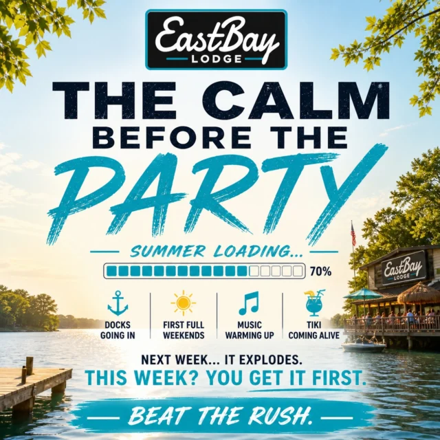 🎶 The calm before the party…

Next week, the lake fills up.
This week? It’s still got some breathing room—and that’s exactly the point.

Docks are going in.
Coolers are getting stocked.
And Eastbay is starting to hum again.

HERE’S HOW THE WEEK PLAYS 👇

THURSDAY — Locals Night #54745
Emm K • 5:30PM
Food & drink specials kick off at 5PM
(we bring her back for a reason)

FRIDAY — Fish Fry → Rock the Dock
Fish Fry • 4–9PM
Then we turn the lights up and keep it rolling
Karaoke / DJ / Open Mic ~9ish

SATURDAY — Prime Rib + Live Music
Caleb & Emily • 3–7PM
Easy afternoon → rolls right into dinner

🍳 SUNDAY = THE RETURN

Sunday Brunch is back.

10AM–1PM
Then Sage Leary takes it from there • 2–6PM

One drink turns into two.
Brunch turns into the afternoon.
Plans quietly disappear.

That’s how Sundays are supposed to work.

👀 AND JUST SO YOU KNOW…

Memorial Day Weekend is not easing in…

6 bands. 5 days. No nights off.

👉 Events hit the site first
Bookmark it now before your group chat blows up:
https://www.eastbayholcombe.com/events/

Come out before it gets loud.
Beat the rush.