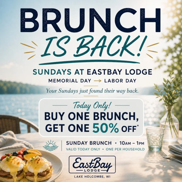 Sundays at Eastbay are officially back in session. ☀️🥂🎶

Brunch starts at 10AM, the mimosas start flowing shortly after, and Sage Leary takes over the deck LIVE at 2PM lakeside.

This is your reminder that Sunday wasn’t meant for laundry, emails, or pretending you’re “getting ahead for Monday.”
It was meant for:
🍳 brunch with friends
🥂 mimosas on the patio
🌊 sunshine on the water
🎶 live music drifting across the lake
🍅 Pep’s Bloody Mary — still a Lake Holcombe legend

And yes… TODAY ONLY:
BUY ONE BRUNCH, GET ONE 50% OFF*

(*Limit one offer per household.)

So come grab the Sunday Cure, settle into your favorite lakeside seat, and let the afternoon happen properly for once.

📍 Eastbay Lodge – Lake Holcombe, WI
🍳 Brunch: 10AM–1PM
🎶 Sage Leary LIVE on the deck: 2PM
☀️ Outside if it’s nice. Inside if we pivot.