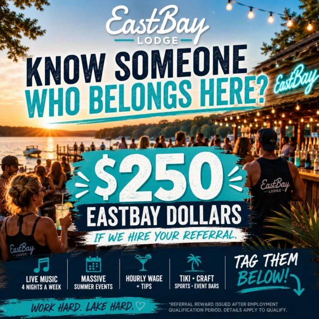 🚨 KNOW SOMEONE WHO BELONGS HERE? 🚨

Eastbay Lodge is gearing up for another absolutely wild summer on Lake Holcombe — and we’re looking for experienced bartenders (21+) to join the crew.

Live music four nights a week.
Massive summer events.
Craft bars. Sports bars. Tiki bars. Event bars.
Long weekends. Big energy. Great money.

And honestly?
The best bartenders usually know other bartenders.

💥 REFER SOMEONE WE HIRE & RECEIVE $250 IN EASTBAY DOLLARS 💥

That’s lake beers.
That’s dinners.
That’s summer fuel.

We’re looking for people who:
✔ Know hospitality
✔ Can move with urgency
✔ Anticipate guest needs
✔ Don’t believe in empty drinks or long lines
✔ Want to be part of a strong, fun team culture

No drinking on the job.
No thieves.
No drama.

Just good people, hard work, and one hell of a summer ahead.

👇 Tag them below or send them our way.

And hey — if you’re reading this thinking:
“Honestly… I’d crush this job.”

Here’s your shortcut to the front of the line:

[www.eastbayholcombe.com/jobs-contact](http://www.eastbayholcombe.com/jobs-contact)

Summer at the lake is calling.

*Referral reward issued after employment qualification period. Details apply to qualify.*