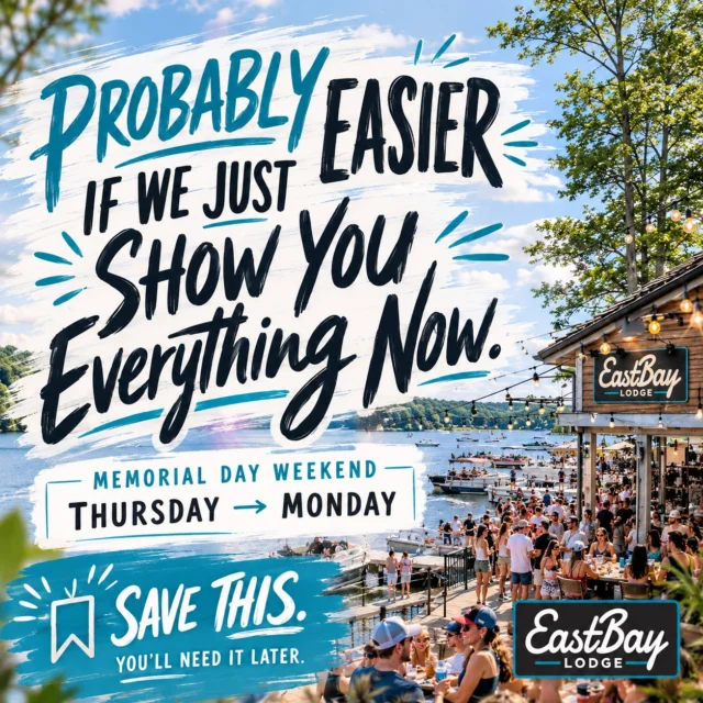 Instead of making everyone hunt through 14 different posts, Facebook events, screenshots, group chats, and “what time does that start again?” text messages…

We put the entire Memorial Day Weekend game plan in one place for you today.

🎶 5 straight days of live music
🍔 Sports Bar Menu served daily
🍸 Tiki Bar officially back in action
🥩 Supper Club + Craft Cocktail Bar nightly
🍳 Sunday Brunch returns
⚓ Dock attendants on duty
🔥 Fish Fry Friday
🥩 Prime Rib Saturday

Basically:
If it’s happening at Eastbay this weekend… it’s in this carousel.

👇 Full event schedule, live music lineup & details:
https://eastbayholcombe.com/events/

AND THIS WEEKEND…

We officially launch something new:

🌙 EASTBAY AFTER DOCK
Our new late-night happy hour on the lake.

Every Friday & Saturday | 9–11PM
Memorial Day Weekend through Labor Day Weekend.

Built for the people who:
👉 tied the boat up “for one drink”
👉 said they were heading home an hour ago
👉 somehow always end up staying anyway

Cold drinks.
Late-night lake energy.
And rewards for ending your night at Eastbay instead of starting it there.

Boat tied up?

Good.
You’re exactly where you should be.