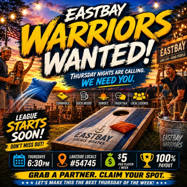 ⚔️ EASTBAY WARRIORS WANTED ⚔️

Thursday nights at the Bay start June 4th… and we still need a few teams ready to bring the energy. 🍻🌅

Cornhole. Dock beers. Trash talk. Local legends.

🏆 8 Teams Total
📍 Thursdays • 6:30PM
📅 June 4 – August 6
💰 $5/player weekly • 100% payout
⏳ Registration closes May 29

Grab your partner and claim your spot before the league fills.

Sign up here: https://www.eastbayholcombe.com/cornhole/