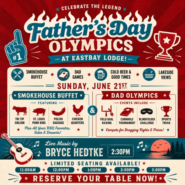 Father’s Day deserves more than a necktie and a last-minute card.

This year at Eastbay Lodge, we’re building a full day around the dads, grandpas, stepdads, bonus dads, lake dads, grill dads, and every guy who’s ever shown up for the people he loves. ❤️

Join us Sunday, June 21st for Father’s Day at the Bay on Lake Holcombe.

🔥 Father’s Day Buffet
🎯 Father’s Day Olympics
🎶 Live Music by Bryce Hedtke
🍻 Lakeside cocktails, cold beer, and a full afternoon at the lake

Our Father’s Day Buffet features smoked meats, rustic sides, desserts, and featured selections from Ranch Brand Meats — because Dad deserves the good stuff.

Then at 2PM… the competition begins.

The Father’s Day Olympics returns with:
🏈 Field Goal Kicking
🏃 Backwards 30 Yard Dash
🎯 Corn Hole Toss
🙈 Blindfolded Guessing Game
🧠 Sports Trivia

Completely optional. Completely ridiculous. Completely fun.

And at 2:30PM, Bryce Hedtke takes the stage lakeside with one of the most laid-back acoustic afternoons you’ll find anywhere on the water.

Reservations are strongly encouraged and are beginning to fill:
11AM • 12PM • 1PM • 2PM • 3PM

Reserve your table now:
https://www.eastbayholcombe.com/reservations/

Make a memory with Dad this year.
Not just another meal. An experience. 🍻