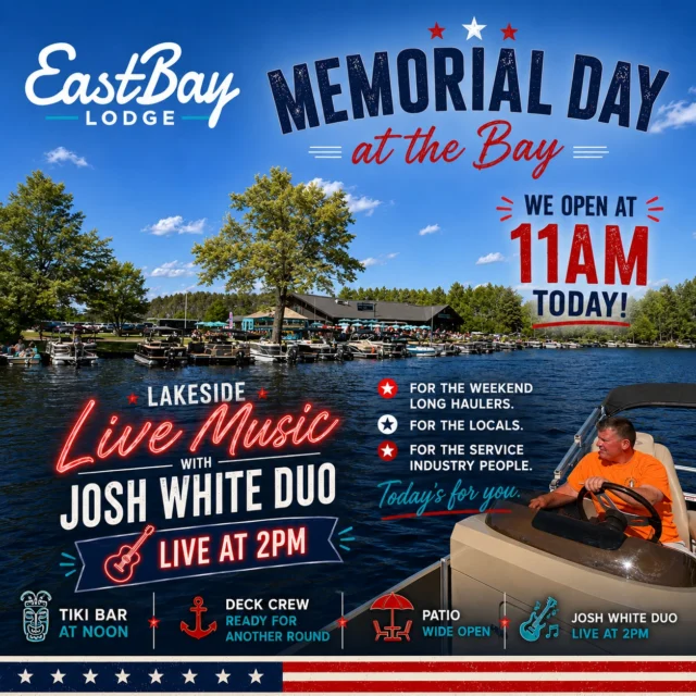The weather finally broke… and man, yesterday at Eastbay was something special.

Seeing the docks packed, the patio full, boats circling in, kids running around, music on the water, and people just genuinely happy to be here reminded us exactly why we took this place on in the first place.

Truthfully, we’re just grateful.

Grateful for the support.
Grateful for the patience as we continue growing.
And grateful that so many of you chose to spend your holiday weekend with us at the lake.

And for those who had to wait a little longer for a drink, food, or a table yesterday — we sincerely apologize. We’re not making excuses. The reality is, it’s almost impossible to staff for one single day of energy like that without having people standing around the other 51 weekends of the year. But our team gave everything they had, and we appreciate the grace so many of you showed us throughout the day.

Now let’s run it back one more time today. ☀️🌊

🕚 Open at 11AM
🍔 Limited Sports Bar Menu Today
🚫 No Supper Club Service Today
🍦 Ice Cream Trailer is back today
🍹 Tiki Bar opens at Noon
🎶 Josh White Duo live lakeside at 2PM
⚓ Deck crew ready for another round
☀️ Patio wide open

Today’s for:
🌊 the weekend long haulers
🍻 the locals
🍔 the service industry crowd finally getting their lake day

Come enjoy the locals’ secret:
The best day on the lake might just be Memorial Day Monday at Eastbay.

📣 Full weekly entertainment & food agenda dropping soon.