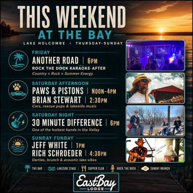 ☀️ THIS WEEKEND LIVE MUSIC AT THE BAY ☀️

Three straight days of sunshine, live music, cold drinks, boats at the dock, and full-blown summer energy on Lake Holcombe. 🌊🍹🎶

🎤 FRIDAY
Another Road • 6PM
Rock the Dock Karaoke after the show

🐾 SATURDAY AFTERNOON
Paws & Pistons • Noon–4PM
Brian Stewart • 2:30PM

⚡ SATURDAY NIGHT
30 Minute Difference • 6PM
…and this one’s gonna be PACKED.

🍳 SUNDAY FUNDAY
Jeff White • 1PM
Rich Schroeder • 4:30PM

🌴 Tiki Bars open all weekend
⚓ Dock Hands on Duty helping guide boats in during peak hours
🍴 Supper Club & Sports Bar rolling all weekend long

The weather’s lining up.
The lake’s waking up.
And Eastbay is officially in summer mode.

Grab your crew and come spend the weekend at the Bay.

#EastbayLodge #LakeHolcombe #ThisWeekendAtTheBay #SundayFunday #TikiBar #LiveMusic #SummerStartsHere