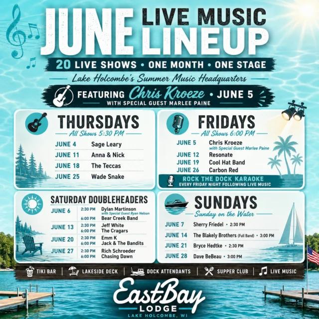 🎶☀️ JUNE HAS ARRIVED AT THE BAY ☀️🎶

Twenty live shows. Four weekends. One incredible month on the shores of Lake Holcombe.

This is what summer was made for.

Cold drinks on the deck. Boats tied up at the dock. Sunsets over the water. The Tiki Bar buzzing. Friends gathering around a table. Music drifting across the lake as another perfect day turns into another unforgettable night.

Whether you're coming for Chris Kroeze, one of our Saturday doubleheaders, Sunday afternoons on the water, or simply looking for an excuse to spend more time at the lake, June is absolutely loaded with live entertainment at Eastbay Lodge.

From country and rock to acoustic favorites and local talent, we've built a lineup designed to give you a reason to visit The Bay all month long.

Grab a seat on the deck.
Pull up a boat.
Order another round.
Stay for one more song.

Because this isn't just live music.

This is live music on the lake.

This is summer in Wisconsin.

This is summer at Eastbay Lodge.

View the full entertainment calendar and upcoming events:
https://www.eastbayholcombe.com/events/

#EastbayLodge #LakeHolcombe #LiveMusicOnTheLake #SummerAtTheBay #WisconsinSummer #TikiBarVibes #DockAndRock #EastbayLive
