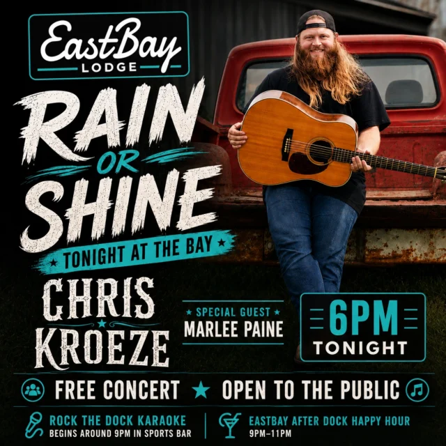 🌦️ RAIN OR SHINE. THE SHOW GOES ON. 🎸

No matter what Mother Nature decides to do tonight, Eastbay Lodge is OPEN and ready.

🎶 Chris Kroeze takes the stage at 6PM tonight with special guest Marlee Paine.

Whether we're lakeside under the sky or moving the party indoors, the music is happening.

After all, it's Wisconsin. Momma Nature is the only one who really knows what the weather is going to do.

🍺 Sports Bar Open: 11AM–Close
🍽️ Friday Fish Fry: 4PM–9PM
🥃 Supper Club & Craft Bar: 4PM–9PM
🍔 Sports Bar Menu Served Until 10PM

☔ Tiki Bar and Dock Attendants will operate weather permitting.

And when the concert wraps up, the fun doesn't.

🎤 Rock The Dock Karaoke kicks off around 9PM in the Sports Bar powered by KaraFun.

🍻 Eastbay After Dock Happy Hour runs from 9PM–11PM.

(The happiest of hours.)

The important part?

👉 The concert is happening.
👉 Dinner is happening.
👉 Drinks are happening.
👉 The after-party is happening.
👉 Eastbay is open.

So don't let a forecast make your decision for you. Around here, the weather can change three times before happy hour.

📍 Eastbay Lodge – Lake Holcombe
🕕 Chris Kroeze • 6PM Tonight
🎤 Special Guest: Marlee Paine
🎟️ Open to the Public
💲 FREE Concert

See you at The Bay.