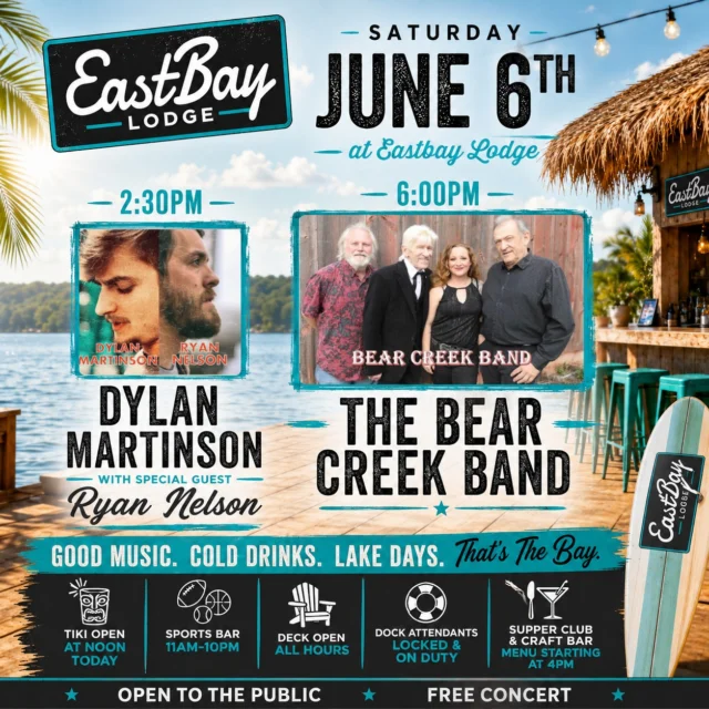 ☀️ SATURDAY AT THE BAY ☀️

If you're looking for an excuse to spend the day on the lake, this is it.

🎸 Dylan Martinson kicks things off at 2:30PM and he's bringing a very special guest with him — Nashville songwriter and recording artist **Ryan Nelson**.

Ryan isn't just another opener. He's written songs recorded by Riley Green, Tyler Halverson, Parker McCollum, Meghan Patrick, and more. He recently celebrated a platinum record for Riley Green's *When She Comes Home Tonight* and was personally selected by Jelly Roll as an opener on his Work In Progress Tour.

Not bad for a Saturday afternoon on Lake Holcombe.

Then as the sun starts to drop, the legendary **Bear Creek Band** takes the stage at 6PM to close out the night with one of the most beloved live acts around.

Meanwhile, The Bay is absolutely bussin' all day long:

🍺 Sports Bar Open — 11AM to Close
🌴 Tiki Bar Opens — Noon
⚓ Dock Attendants On Duty
☀️ Deck Wide Open
🥃 Supper Club & Craft Bar — 4PM–9PM
🍔 Sports Bar Menu Served Until 10PM
🎉 Eastbay After Dock Happy Hour — 9PM–11PM

The happiest of hours.

Cold drinks. Live music. Boats pulling in. Sunshine in the 80s. Good people. Great views.

Honestly? This is exactly what summer at Eastbay Lodge is supposed to feel like.

📍 Eastbay Lodge – Lake Holcombe
🎸 Dylan Martinson featuring Ryan Nelson – 2:30PM
🎶 Bear Creek Band – 6PM
🎟️ Open to the Public

See you at The Bay.