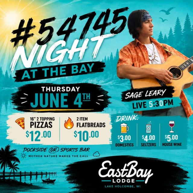 🌊 #54745 Night at the Bay is back this Thursday!

Live music with Sage Leary kicks off at 5:30 PM, and we've loaded up the specials to make the decision easy:

🍕 16" Two-Topping Pizzas — $12
🔥 Two-Item Flatbreads — $10
🍺 Domestic Beers — $3
🥤 Seltzers — $4
🍷 House Wine — $5

Whether we're soaking up sunshine dockside or hanging out in the Sports Bar, the show goes on. Mother Nature may decide the venue, but she doesn't decide the party.

Grab your crew, grab a cold one, and come spend your Thursday night at the lake.

📍 Eastbay Lodge – Lake Holcombe
🎸 Sage Leary Live at 5:30 PM
#54745Night #EastbayLodge #LakeHolcombe #LiveMusicOnTheLake