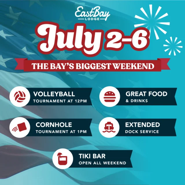 🏐🎯 LAST YEAR WE HAD A WAITING LIST.

Several teams tried to register for our July 4th tournaments after spots were already full.

If you're planning on playing this year, don't wait.

📲 REGISTER HERE:
https://www.eastbayholcombe.com/4th-of-july/

━━━━━━━━━━━━━━━━━━

🎆 THE BAY'S BIGGEST WEEKEND 🎆
📅 July 2–6
📍 Eastbay Lodge | Lake Holcombe

Five days of live music.
Five days of food, drinks, boats, friends, sunshine, and lake life.

And on Saturday, July 4th, we're bringing back two of the most popular events of the entire summer.

🏐 CO-ED VOLLEYBALL TOURNAMENT
🕛 Starts at Noon

🎯 CORNHOLE TOURNAMENT
🕐 Starts at 1PM

Grab your team.
Call your friends.
Start talking trash.

Then get registered before the brackets fill.

━━━━━━━━━━━━━━━━━━
🎸 LIVE MUSIC ALL WEEKEND
━━━━━━━━━━━━━━━━━━

🎵 Thursday, July 2
The Big Deeks

🎵 Friday, July 3
The Luck Band

🎵 Saturday, July 4
Resonate • 2PM
Madlee Full Band Launch Show • 6PM
Special Guest Zach Johnson
DJ Danny & Bad Apple Entertainment • 10PM

🎵 Sunday, July 5
Dylan Martinson Full Band
Featuring Nashville musician Eli Locke • 3PM

🎵 Monday, July 6
Corey Rae White & Kalliah Jackson • 2PM

That's five straight days of live entertainment on the shores of Lake Holcombe.

━━━━━━━━━━━━━━━━━━
🍔 FOOD • DRINKS • LAKE LIFE
━━━━━━━━━━━━━━━━━━

🌴 Tiki Bar Open All Weekend
🍔 Sports Bar Favorites
🥩 Supper Club Dining
🍹 Craft Cocktails
🥃 Bourbon Bar
🍺 Cold Beer
⚓ Extended Dock Service
🚤 Dock Attendants & Deckhands
☀️ Massive Outdoor Decks
🌅 Incredible Lake Views

Whether you're stopping by for lunch, dinner, a concert, a cocktail, the tournaments, or an entire day on the water, there's something happening every day at The Bay.

━━━━━━━━━━━━━━━━━━

🚨 LAST YEAR'S TOURNAMENTS FILLED.

If you're planning on playing volleyball or cornhole, don't assume there will be room the week of the event.

Register now:
👉 https://www.eastbayholcombe.com/4th-of-july/

Five Days.
Five Live Music Acts.
Two Tournaments.
One Incredible Holiday Weekend.

See you at The Bay. 🌊