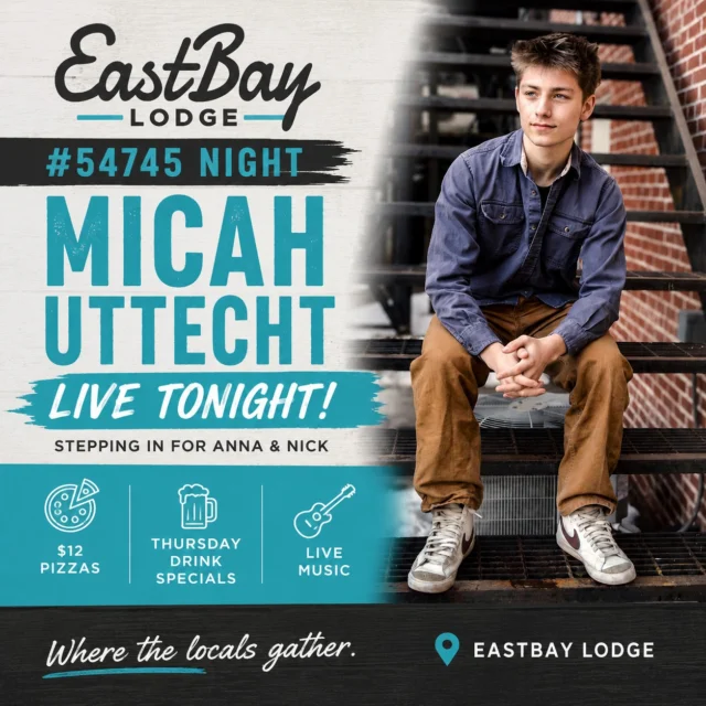 #54745 NIGHT IS STILL ON 🎸

A quick update for tonight:

Anna & Nick are under the weather and unable to join us this evening. We wish them a speedy recovery and look forward to having them back at Eastbay soon.

The good news?

One of Eastbay Lodge's most popular performers, Micah Uttecht, has stepped in and will be taking the stage tonight.

If you've seen Micah before, you know exactly why we're excited. If you haven't, tonight is a perfect chance to catch him in a rare solo performance before he returns tomorrow night with Resonate.

And yes... the weather looks a little moody.

No worries.

We'll be keeping an eye on the skies, and if Mother Nature decides not to cooperate, we'll simply move the show inside and keep the music going.

🍕 $12 Pizzas

🔥 $10 Flatbreads

🍺 Thursday Drink Specials

🎸 Micah Uttecht Live

📍 Eastbay Lodge

Rain or shine, come show Micah some love and help us make another #54745 Night one to remember.

See you at the Bay.