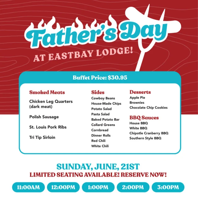 🚨 LAST CALL FOR DAD. 🚨

If you're still trying to figure out what to do for Father's Day today, we've got you covered.

The smoker is rolling.
The buffet is loaded.
The Dad Olympics are ready.
The drinks are cold.
And Lake Holcombe is putting on a pretty good show.

Bring Dad out for a day that actually feels like Father's Day.

🔥 Smokehouse Buffet
🏆 Dad Olympics
🎸 Live Music
🍺 Cold Drinks
🌊 Lakeside Views

No neckties.
No awkward gifts.
No mowing the lawn.

Just good food, family, laughs, and a little friendly competition.

Reservations are filling fast and we'll only take as many guests as we can properly serve.

Reserve your table now:
https://www.eastbayholcombe.com/fathers-day/

Let's make a memory today.

#FathersDayAtTheBay #EastbayLodge #LakeHolcombe #DadOlympics