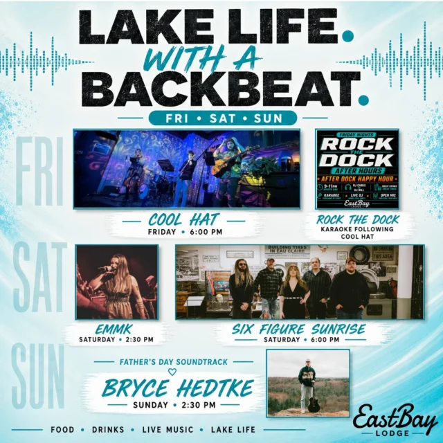 🎶 LAKE LIFE. WITH A BACKBEAT. 🎶

The soundtrack for Father's Day Weekend is officially set.

🎸 FRIDAY
Cool Hat takes the stage at 6:00 PM before Rock The Dock Karaoke powered by Karafun keeps the party rolling into the night.

🎤 SATURDAY
EMMK gets things started at 2:30 PM before one of the biggest draws on the lake this summer, Six Figure Sunrise, takes over the stage at 6:00 PM.

🎵 SUNDAY
Father's Day Soundtrack returns with Bryce Hedtke at 2:30 PM, bringing the perfect finish to a weekend built for dads, families, friends, and lake life.

Whether you're coming by boat, by golf cart, from the campground, the cabin, or across the lake, Eastbay will have live music every single day this weekend.

🍔 Great food.
🍹 Cold drinks.
🎶 Live music.
🌊 Lake life.

See you at The Bay.

#LakeLifeWithABackbeat
#EastbayLodge
#LakeHolcombe