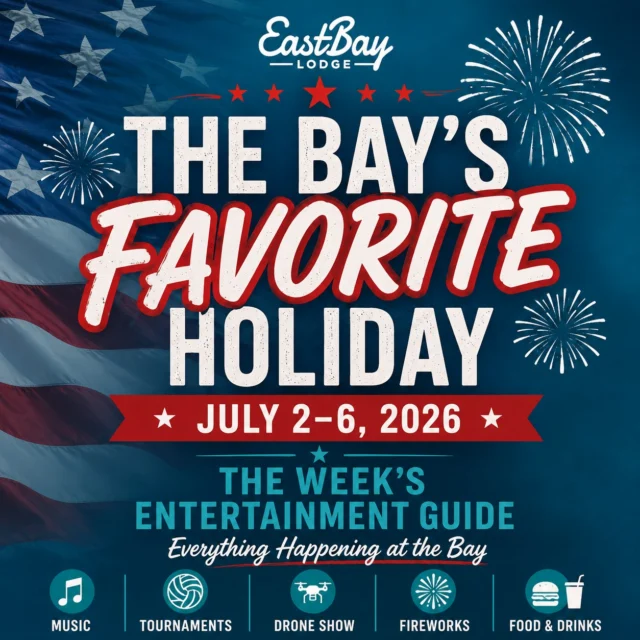SAVE THIS POST. YOU'LL NEED IT

This is it.

The week we've been talking about.
The week we've been planning for.
The week we build our summer around.

The Fourth of July isn't becoming The Bay's Favorite Holiday.

It already is.

And if you need proof, swipe through this carousel.

🎶 Seven live acts and entertainers across five days.

🚁 America's 250 Sky Spectacular Drone Show.

🏐 Volleyball Tournament.

🌽 Cornhole Tournament.

🍳 Sunday Brunch.

🍹 Tiki Bar.

🥩 Supper Club & Craft Bar.

🍔 Sports Bar.

⚓ Dock Attendants.

🌅 Patio views.

Honestly? It's a little ridiculous.

And that's exactly how we like it.

One thing you'll notice as you swipe is that Eastbay isn't just one experience.

Want to hang in the Sports Bar all afternoon? Perfect.

Prefer craft cocktails and supper club dining? We've got you.

Want to spend the day at the Tiki Bar pretending Monday doesn't exist? We support your decision.

Want to roll into Sunday Brunch and start over? Also acceptable.

Four different ways to experience The Bay.
Pick one.
Pick all four.

A couple quick notes before you head our way:

🇺🇸 We'll be serving limited holiday menus throughout the property during Fourth of July weekend. The goal is simple: serve great food, keep things moving, and spend more time making memories and less time waiting.

🍽️ Walk-ins welcome all week. No reservations this week.

🏐 Volleyball Tournament — Saturday at Noon

🌽 Cornhole Tournament — Saturday at 1PM

Limited spots remain:
https://www.eastbayholcombe.com/4th-of-july/

The Fourth of July is our favorite holiday.

Always has been.

This year we may have just gotten a little carried away.

See you at The Bay.