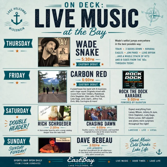 🎶🍴 ON DECK THIS WEEK AT EASTBAY 🍴🎶

Another summer weekend is loading up on the shores of Lake Holcombe, and we've got four days of live music, weekly food features, cold drinks, dock views, and plenty of reasons to stay longer than you planned.

🎸 THURSDAY
Wade Snake • 5:30PM
Making his Eastbay debut and bringing a setlist that bounces from Train and 3 Doors Down to Nirvana, Eagles, Luke Bryan, and everything in between.

🎸 FRIDAY
Carbon Red • 6PM
Making their Eastbay debut with a huge live sound, incredible musicianship, and a setlist that refuses to stay in one lane.

🎤 Rock the Dock Karaoke
Powered by Karafun • 9PM

🎸 SATURDAY
Rich Schroeder • 2:30PM
Chasing Dawn • 6PM
A full afternoon and evening of lakeside live music.

🎸 SUNDAY
Dave BeBeau • 3PM
The perfect soundtrack for a Sunday Funday at the Bay.

🍕 THURSDAY
16" Two-Topping Pizzas • $12
Two-Item Flatbreads • $10

🐟 FRIDAY
Fish Fry • 4-9PM

🥩 SATURDAY
Prime Rib • 4PM-Close

🍳 SUNDAY
Brunch Buffet • 10AM-1PM

Sports Bar • Supper Club • Craft Bar • Tiki Bar

Good music. Good food. Cold drinks. Lake life.

See you at the Bay. 🌊