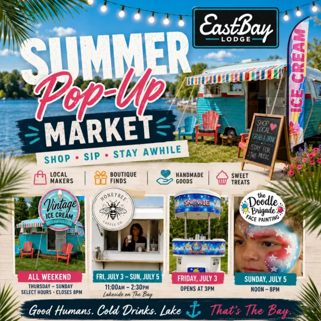 This week at Eastbay... we've added even more reasons to make a trip to the bay. ☀️🌊

Beyond Lake Holcombe's first-ever drone show and 7 live music performances, we're bringing in four special pop-up experiences to make one of the biggest weekends of the summer even better.

🍦 Vintage Ice Cream Trailer — Thursday through Sunday (an Eastbay summer tradition!)
☕ HoneyBee Coffee Company — Friday through Sunday | 11:00 AM–2:30 PM
🍧 Snowie Shaved Ice — Friday, July 3 | Opens at 3:00 PM
🎨 The Doodle Brigade Face Painting — Sunday | Noon–8:00 PM

Whether you're 5 or 85, spending the day on the lake or making Eastbay your destination, there's always something waiting for you here.

And that's before you even get to everything else...

🎸 7 live music acts
🚁 Lake Holcombe's first-ever drone show
🏐 Volleyball Tournament
🎯 Cornhole Tournament
🍹 The lake's only full-service Tiki Bar
🍸 Craft Cocktail Bar
🍔 Sports Bar & Lakeside Dining
⚓ Dock attendants ready to welcome you

We love serving an ice-cold lake beer. That's part of who we are.

But it's never been the whole story.

Our goal has always been to create a place where everyone can find their own version of the perfect summer day. Families making memories. Boaters tying up for lunch. Friends catching live music. Kids chasing shaved ice and ice cream. Couples relaxing with a handcrafted cocktail by the water.

When you think variety... when you think there's truly something for everyone... think Eastbay Lodge.

Because we're not just a stop on the lake.

We're part of the experience.

We'll see you at The Bay. ❤️🤍💙🌊