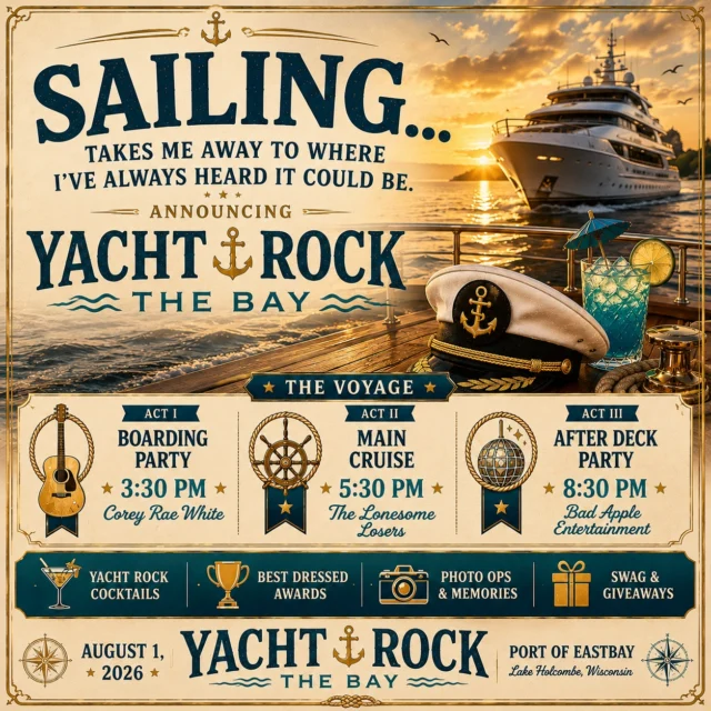 ⚓ SAILING... TAKES ME AWAY TO WHERE I'VE ALWAYS HEARD IT COULD BE. ⚓

Some parties happen.

Some become the stories people tell all summer.

This is one of those.

On Saturday, August 1st, Eastbay transforms into the Port of Eastbay for the biggest themed party we've ever attempted.

Not just a band.

Not just a concert.

An entire day built around the Yacht Rock lifestyle.

🛥️ Board the party at 3:30PM with Corey Rae White.

🌅 Set sail at 5:30PM as The Lonesome Losers take over the lake with every smooth hit you secretly know every word to.

🕺 Then throw the captain's hat away because Bad Apple Entertainment turns the dock into the After Deck Party beginning at 8:30PM.

Throughout the day you'll find...

🍹 Signature Yacht Rock Cocktails

📸 Incredible Photo Ops

🏆 Best Dressed Yacht Rock Awards

🎁 Swag & Giveaways

⚓ Plenty of surprises along the way

🎶 The soundtrack to one unforgettable summer day

Now here's where you come in...

Start planning your crew.

Find the ridiculous captain's hat.

Break out the linen shirts.

Dig out the gold chains.

Convince that one friend who always says they "don't dress up."

Because trust us...

They will.

Lake Holcombe has never seen anything quite like this.

If you've ever wanted one of those "I can't believe we actually did that" summer days...

This is it.

📅 Saturday, August 1, 2026

⚓ Click "Going" on our official event page so you don't miss any announcements, giveaways, costume inspiration, and event updates leading up to the party!

👉 RSVP Here: Yacht Rock at the Bay – Official Facebook Event

Invite your crew.

Share this post.

Then start putting that Yacht Rock outfit together...

Because we're about to turn Lake Holcombe into the smoothest port in Wisconsin. 🍹⚓🌅