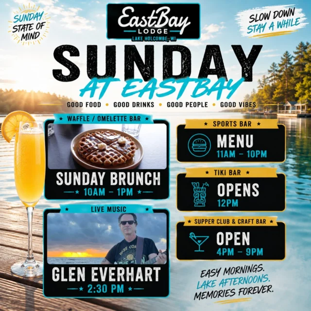 🌴 SUNDAY FUNDAY AT THE BAY 🌴

Some Sundays are for catching up on chores.

This one is for slowing down, grabbing your favorite people, and spending the day at the lake.

Start your morning with one of the area's favorite Sunday brunches, then settle in for an afternoon of live music, cold drinks, and summer on the water.

🥂 Sunday Brunch
🕙 10:00 AM – 1:00 PM

Featuring:
🧇 Waffle & Omelet Bar
🥩 Carved Meats
🥗 Fresh Salad Bar & Soups
🥓 Bacon, Eggs & Breakfast Favorites
🍽️ Rotating seasonal specialties prepared fresh each week

Adults • $20.95
Kids 5-12 • $10.95
Kids 4 & Under • FREE

🎶 LIVE MUSIC • 2:30 PM

We're excited to welcome Glen Everhart back to the Eastbay stage.

After more than 3,000 performances across 33 states and four countries, Glen has built a reputation for delivering far more than an acoustic show. Through incredible vocals, guitar work, and live looping, he creates the energy of a full band while playing the songs everyone loves—from timeless classics to today's favorites.

Most importantly, he knows how to turn a lakeside afternoon into something you'll remember long after the last song.

The rest of the day is yours to enjoy.

🍔 Sports Bar Menu • 11 AM – 10 PM

🍹 Tiki Bar Opens • Noon

🍸 Craft Bar & Supper Club • 4 PM – 9 PM

Whether you're joining us for brunch, spending the afternoon on the deck, pulling in by boat, or staying into the evening, Sunday is one of the best days of the week to experience Eastbay.

We'll save you a seat.

📍 EastBay Lodge • Lake Holcombe