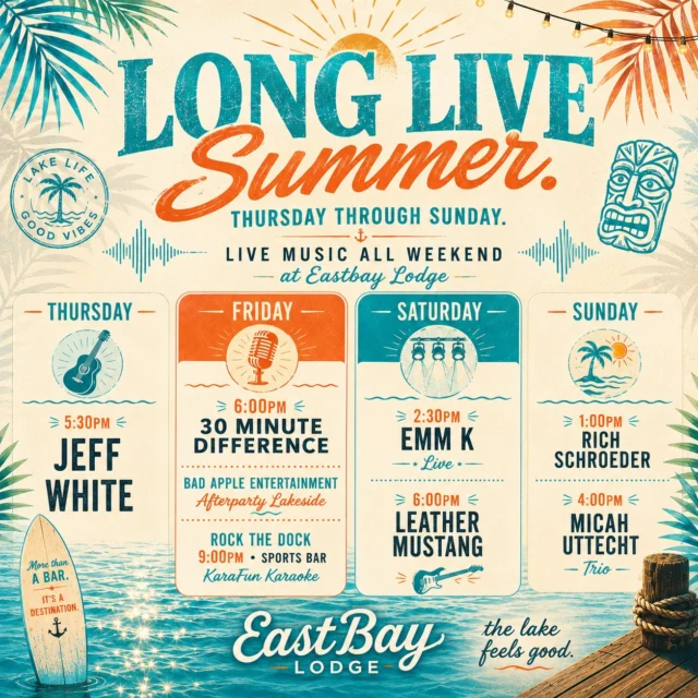 🎵 LONG LIVE SUMMER. 🎵

Seven live music experiences. Four days. One incredible weekend at Eastbay Lodge.

We're not saying we've outdone ourselves...

...but you haven't even had dinner yet. 😏

It all starts Thursday at 5:30 PM with local favorite Jeff White. We haven't seen nearly enough of Jeff this summer, and we're excited to welcome him back to the Eastbay stage.

Friday is absolutely stacked.

🎸 30 Minute Difference returns at 6:00 PM after completely blowing the crowd away the last time they were here. These guys are crazy talented, full of energy, and back for an encore.

🎧 When the music wraps, the party doesn't.

Bad Apple Entertainment keeps the lakeside rocking with the mashups and mixes that had our Tiki packed and your feet moving just last weekend.

🎤 Still ready for more?

Rock The Dock kicks off at 9:00 PM inside the Sports Bar with KaraFun Karaoke, where the Legends of the Bay have been known to deliver performances that deserve recording contracts...or at least another round.

Saturday keeps the momentum rolling.

🎙️ Emm K takes the stage at 2:30 PM, and every single time she performs, those powerhouse vocals stop conversations and steal the show.

🤠 Then at 6:00 PM, one of the lake's favorite country bands, Leather Mustang, returns to Eastbay. Led by rising country talent Grayson, this is country music exactly the way a summer Saturday should sound.

Sunday? We're not slowing down.

It's a DOUBLE HEADER!

🎸 Rich Schroeder starts things off at 1:00 PM, followed by the first-ever Eastbay appearance of the incredibly talented Micah Uttecht Trio at 4:00 PM.

Seven live music experiences. One long weekend.

And that's before you factor in the food, cocktails, lake views, sunsets, and everything else waiting for you at Eastbay.

LONG LIVE SUMMER.

The lake feels good. 🌊